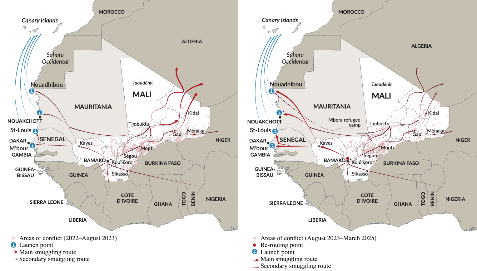 Conflict incidents in the Sahel and changes in migratory routes, 2019–2024. Source: Data from the GI-TOC and ACLED