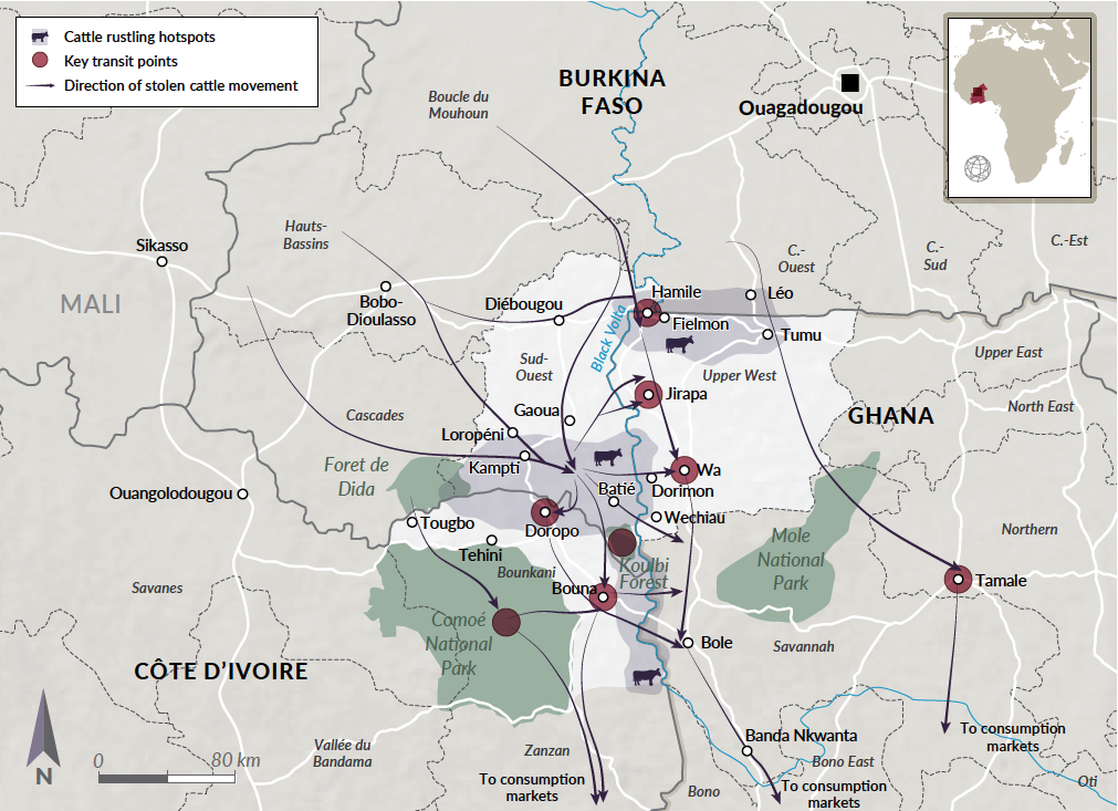 Carte des points chauds du vol de bétail, routes de transit et points de vente